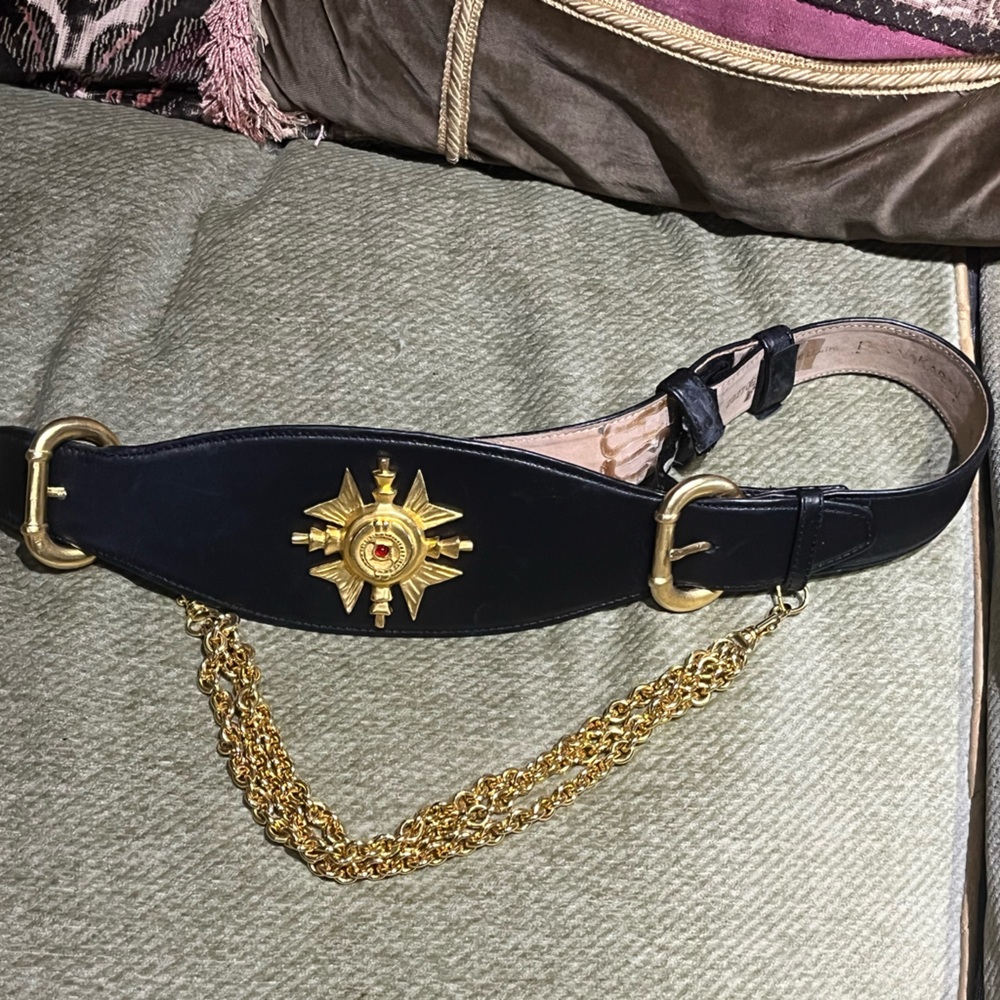 Donna Karan Collectable Vintage Wide Leather Belt w Gold Cross and Chain Details
